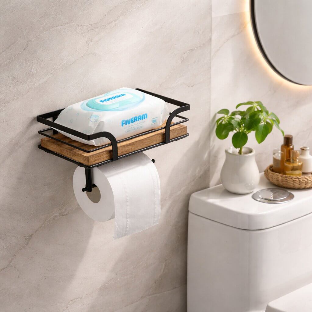 Stylish Wall Shelf with Integrated Toilet Paper Holder
