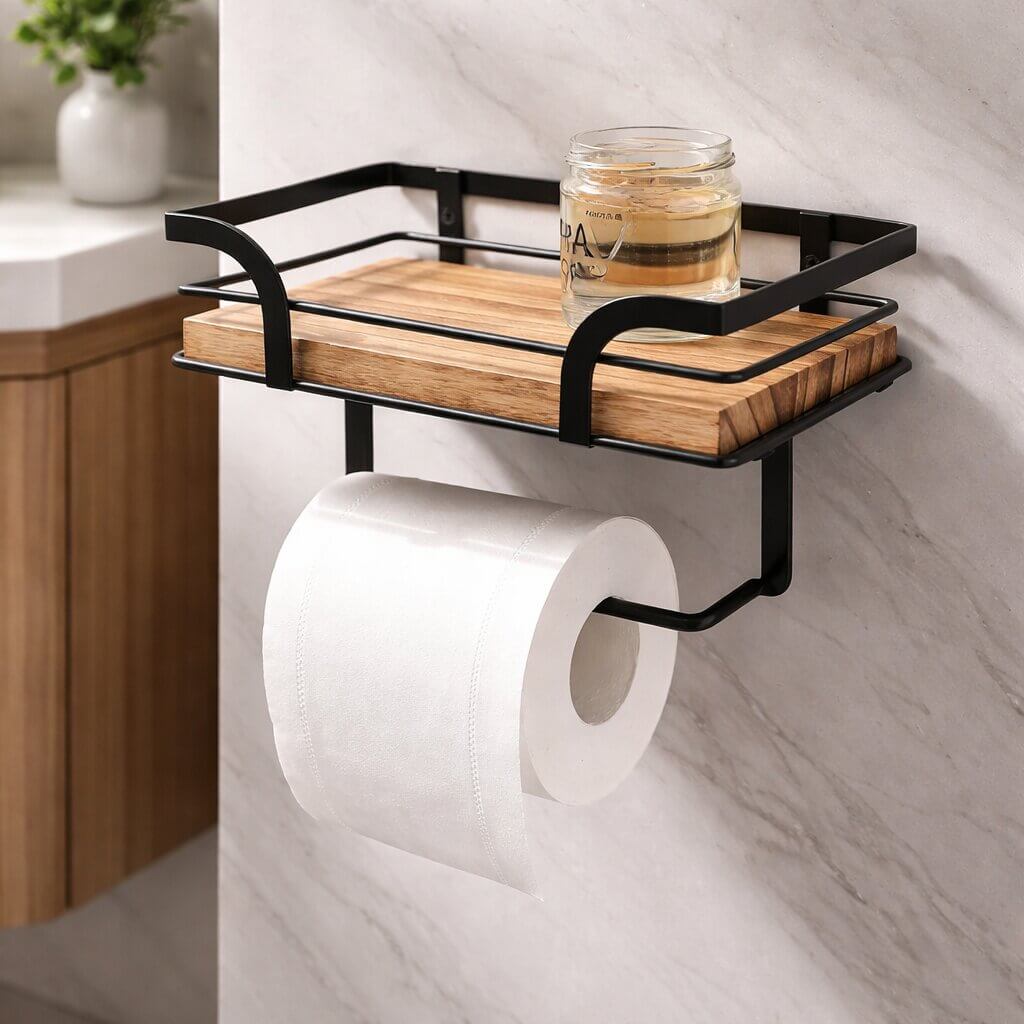 Stylish Wall Shelf with Integrated Toilet Paper Holder