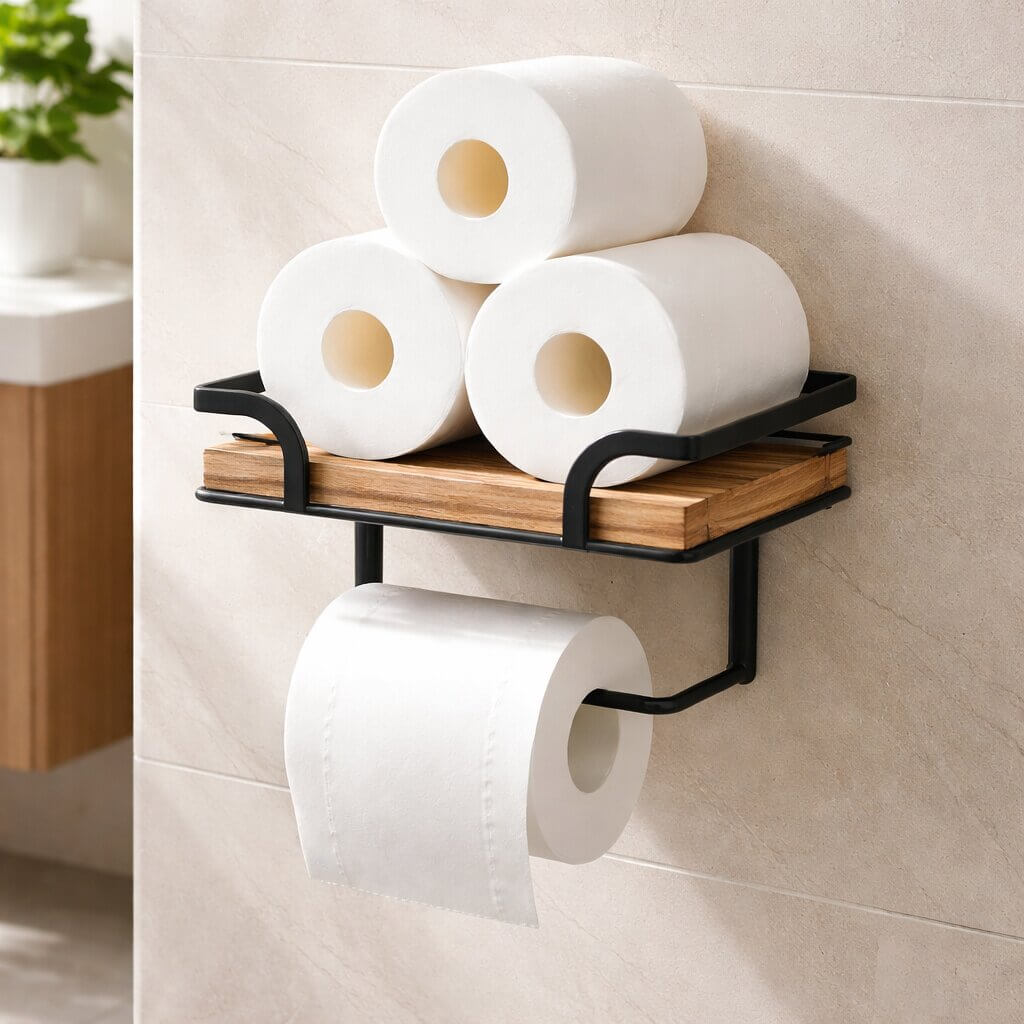 Stylish Wall Shelf with Integrated Toilet Paper Holder