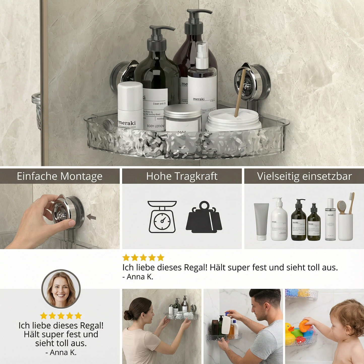 Corner Shelf with Suction Cups for Bathroom