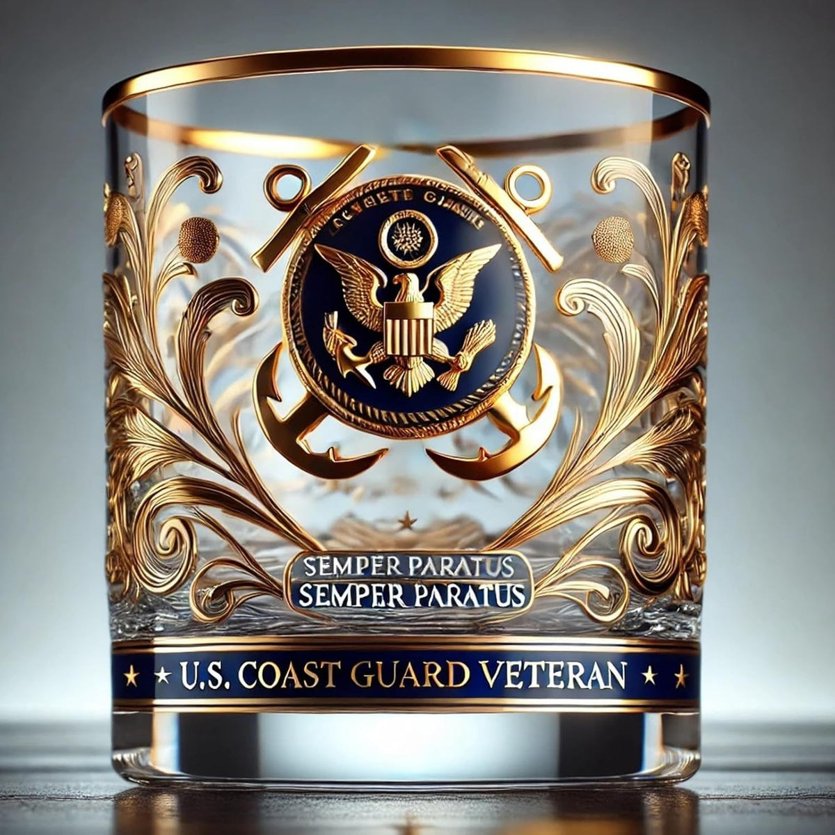 Elegant Military-Emblem Whiskey Tumbler with Gold Accents