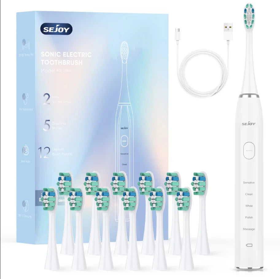 Deep Clean Sonic Toothbrush with 37,200 Vibrations/min | 5 Modes, 12 Heads, 30-Day Battery, Travel-Friendly Design