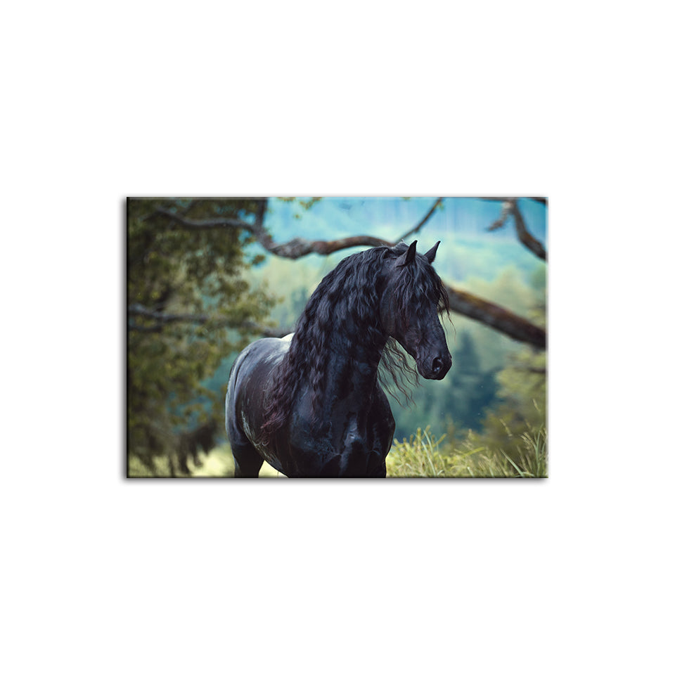 Canvas Artwork of a Black Horse in the Forest