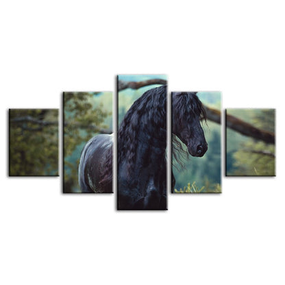 Majestic Horse in Forest - 5 Panel Canvas Art for Home Decor