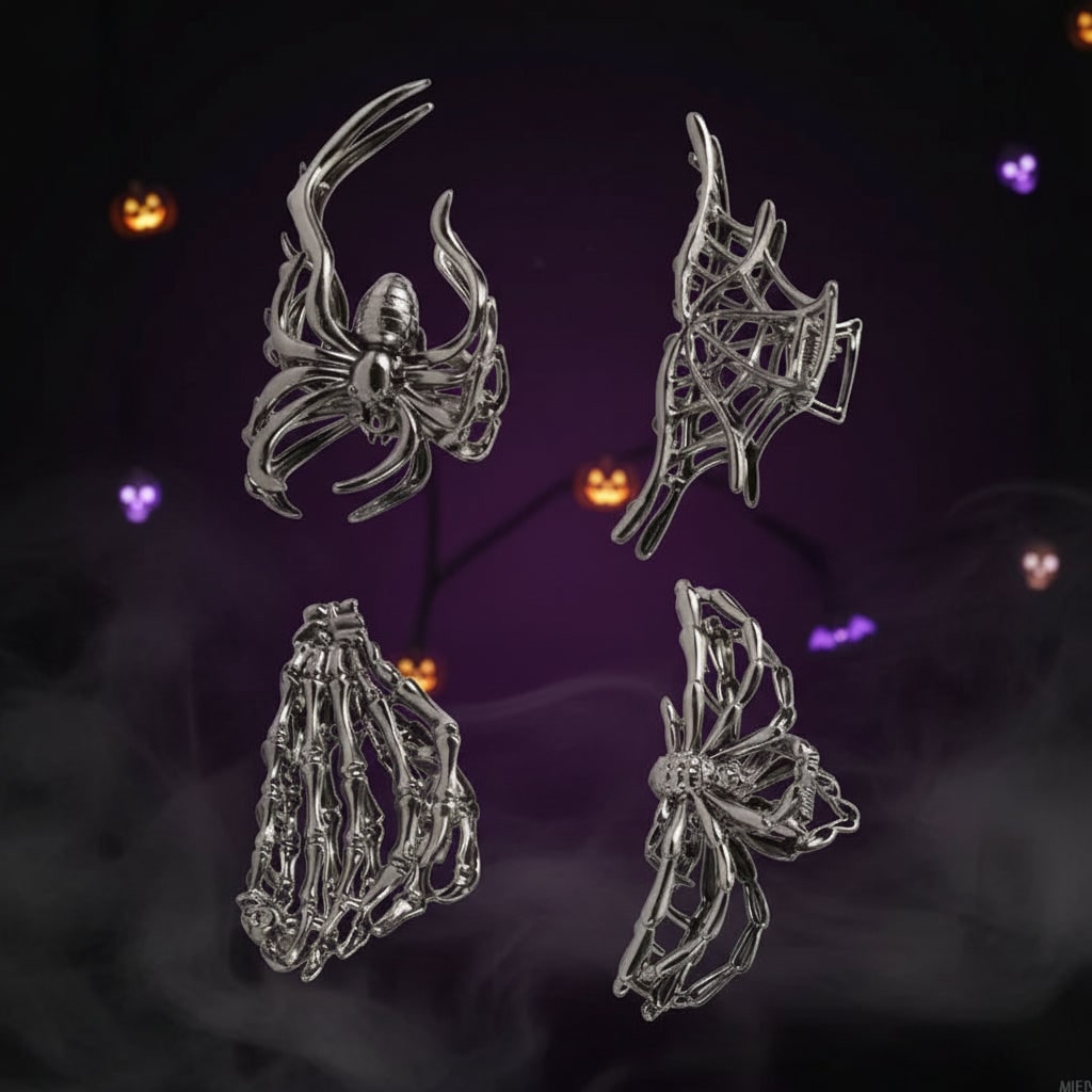 Ghoulishly Chic Halloween Hair Clips with Skeleton & Bat Designs