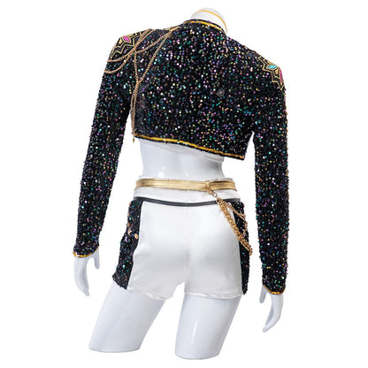 Shimmering Dance Ensemble for Women: Crop Top, Shorts & Belt Set