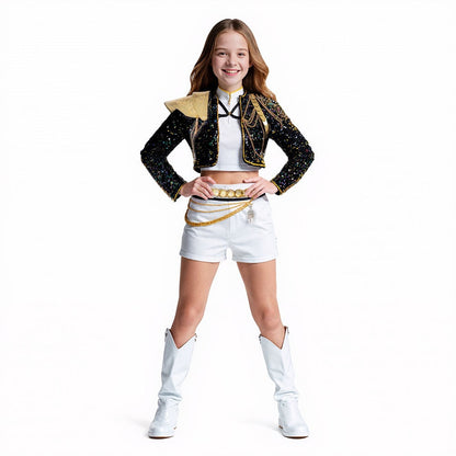 Shimmering Dance Ensemble for Women: Crop Top, Shorts & Belt Set