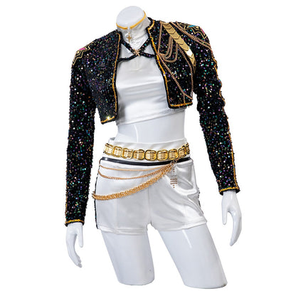 Shimmering Dance Ensemble for Women: Crop Top, Shorts & Belt Set