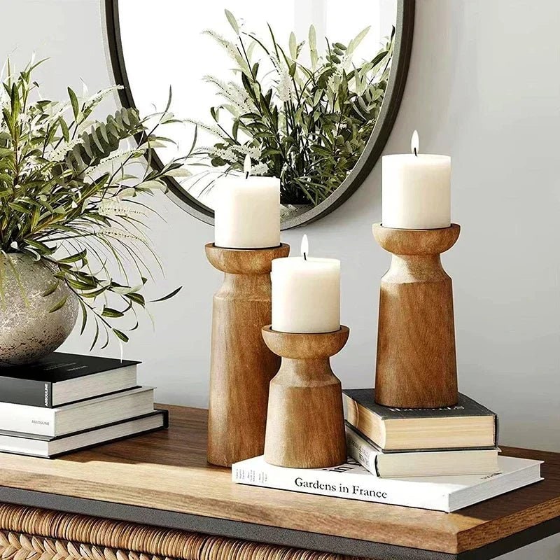 Elegant Trio of Wooden Candle Stands with Tapered Design