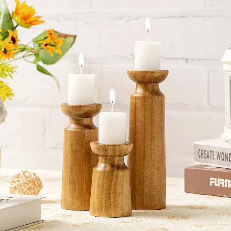 Elegant Trio of Wooden Candle Stands with Tapered Design