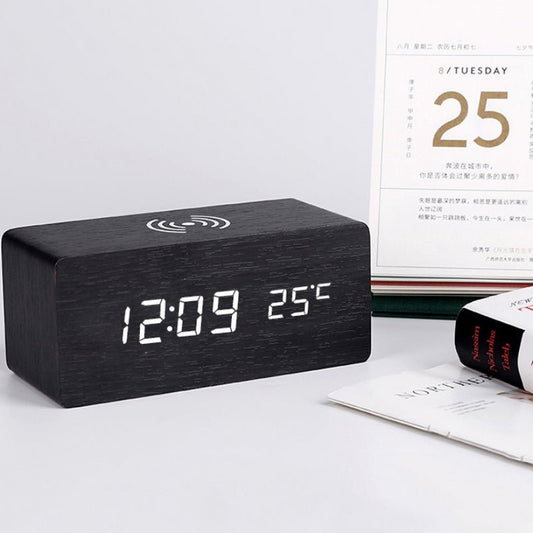 Wooden Alarm Clock with Wireless Charging Station