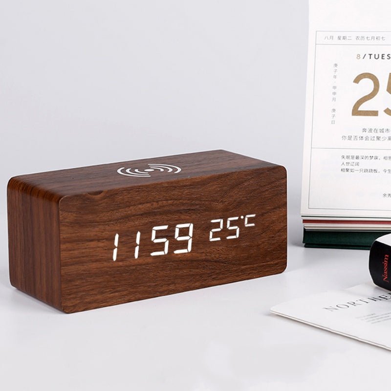 Wooden Alarm Clock with Wireless Charging Station