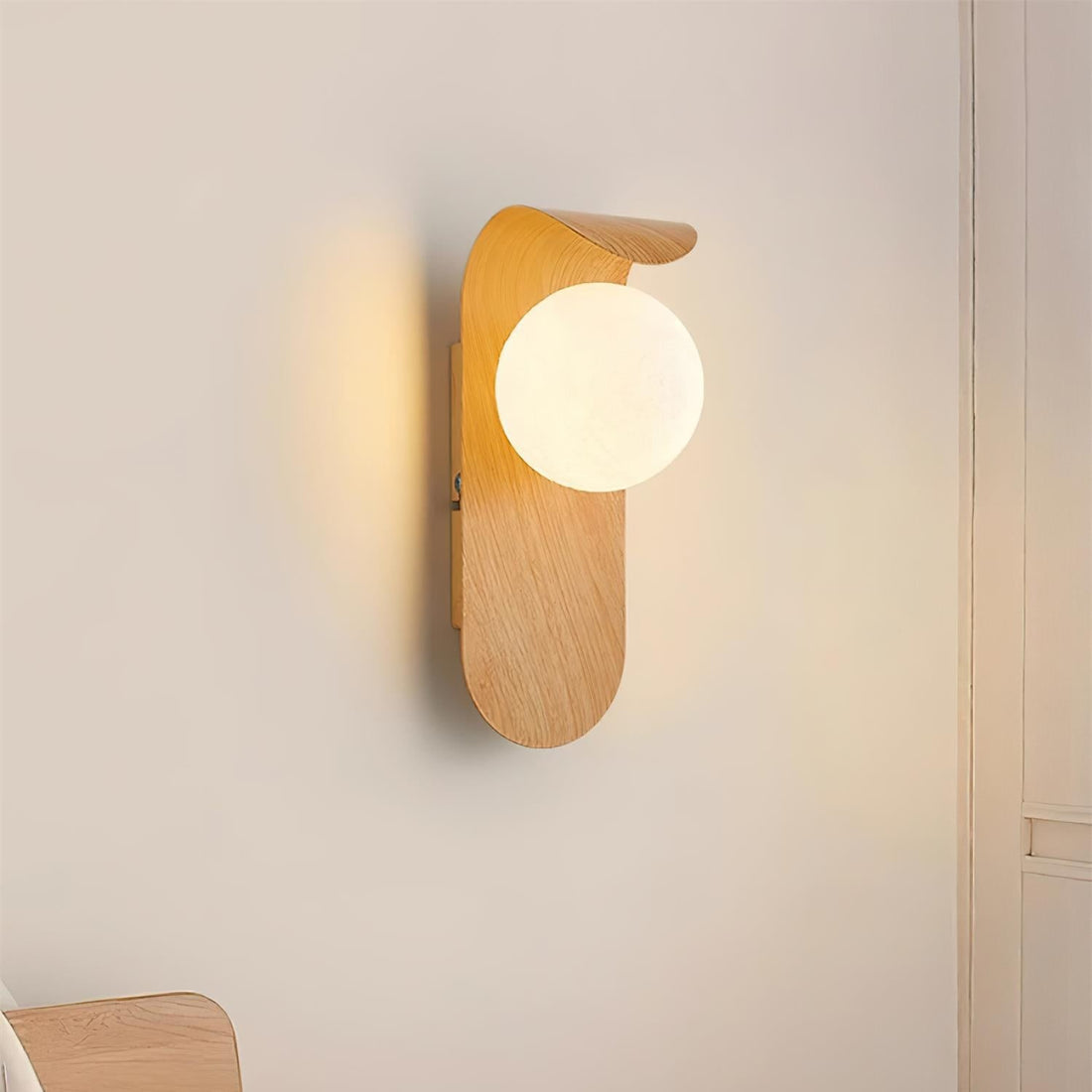 Round Globe Shade LED Wall Light with Contemporary Wood Finish