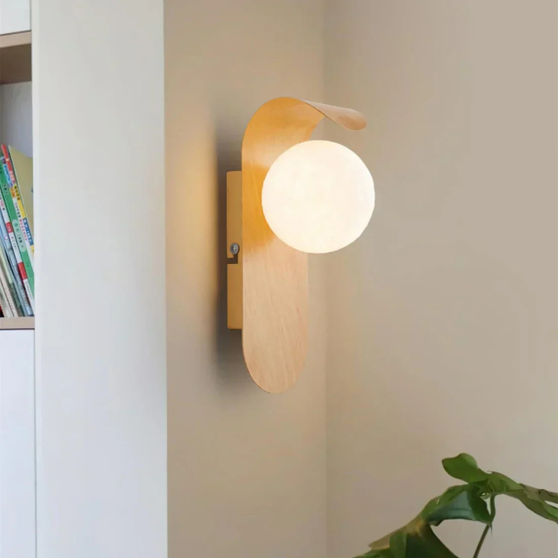 Round Globe Shade LED Wall Light with Contemporary Wood Finish