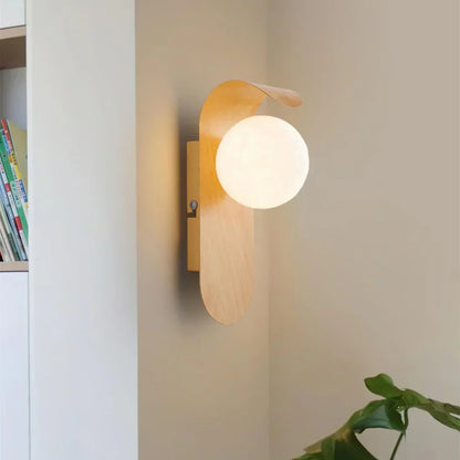Round Globe Shade LED Wall Light with Contemporary Wood Finish