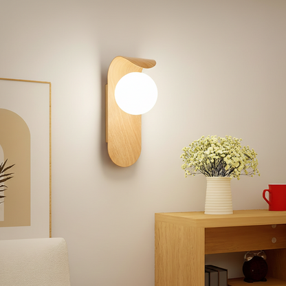 Round Globe Shade LED Wall Light with Contemporary Wood Finish