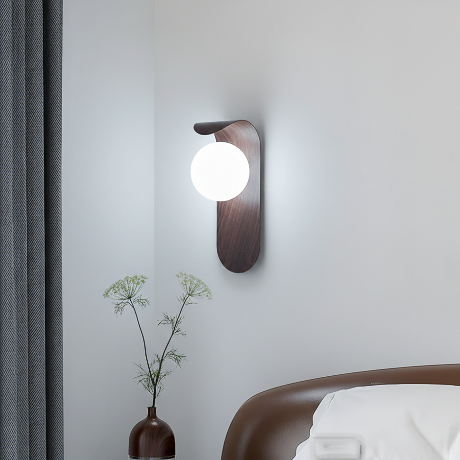 Round Globe Shade LED Wall Light with Contemporary Wood Finish