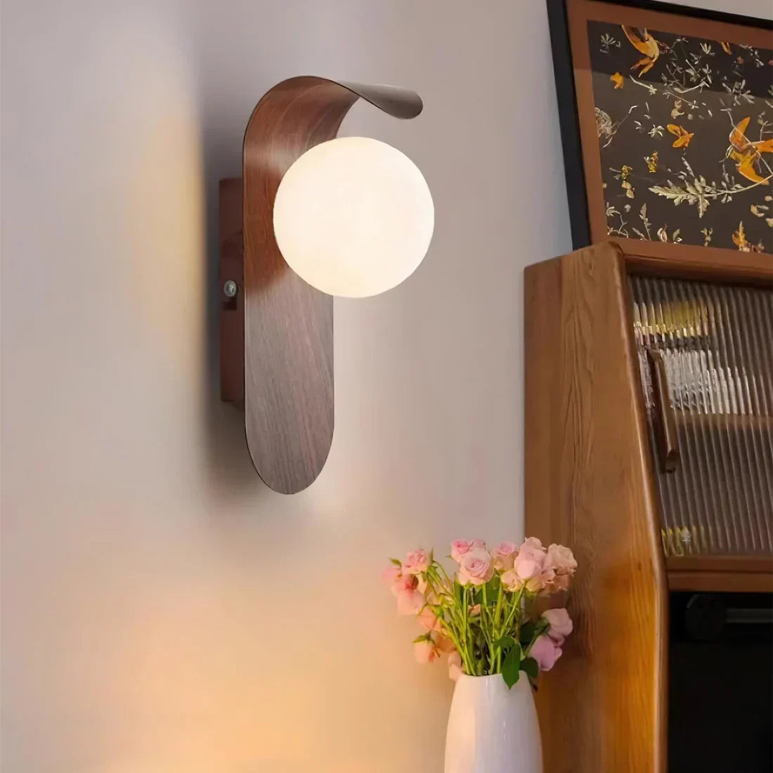 Round Globe Shade LED Wall Light with Contemporary Wood Finish