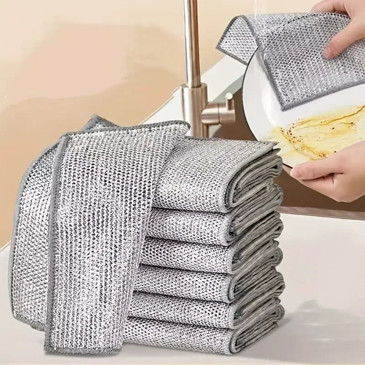Double-Layer Silver Fiber Dishcloths - Steel Wire Cleaning Cloths for Kitchen